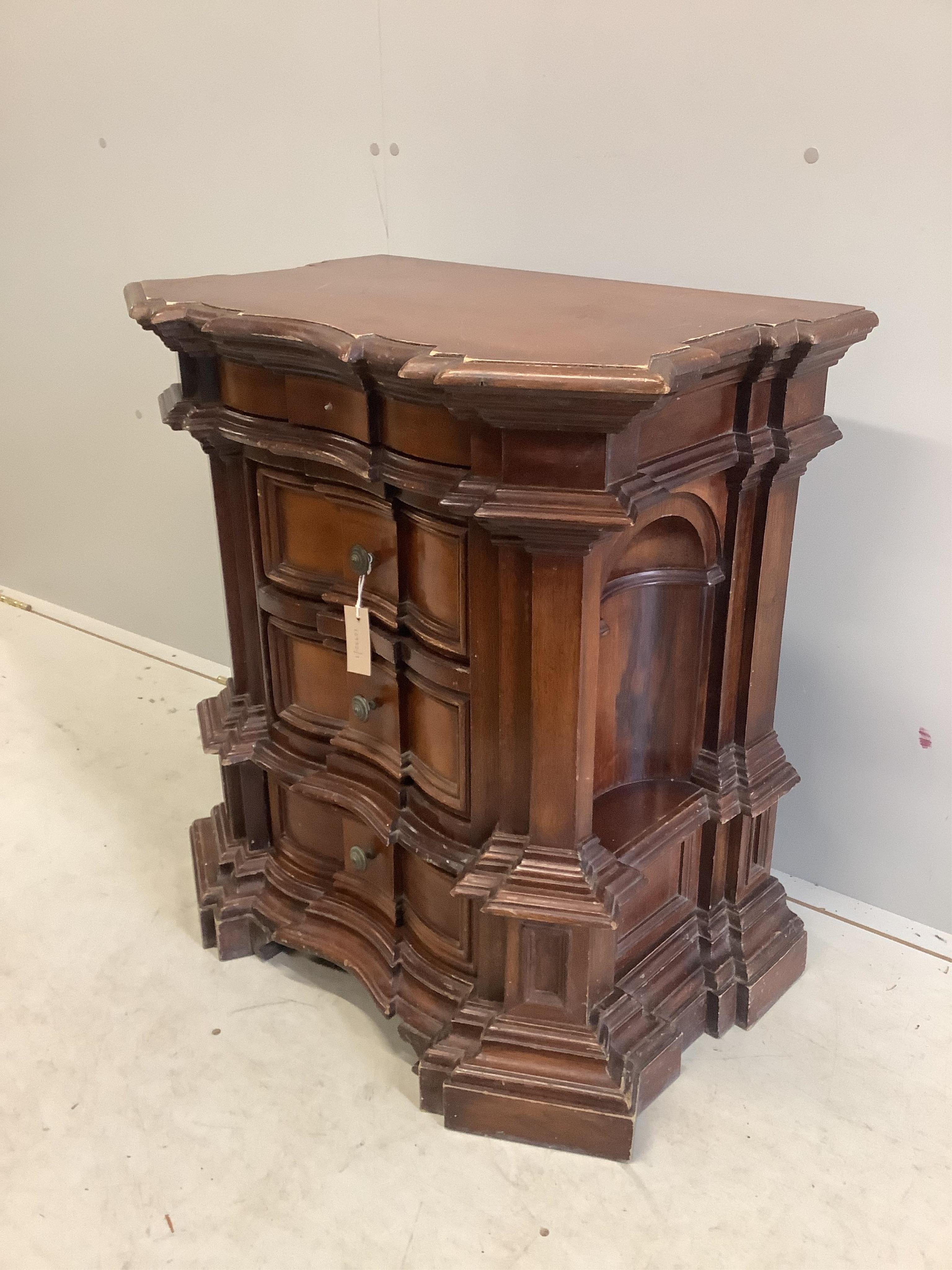 A reproduction 18th century style Tuscan walnut commode, width 72cm, depth 44cm, height 77cm. Condition - fair, top scratched